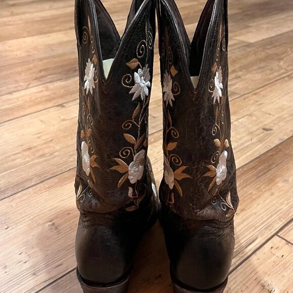 PECOS BILL Women's Cowboy Boots Sz 6.5 Brown with White Floral Embroidered NICE! - Picture 4 of 6